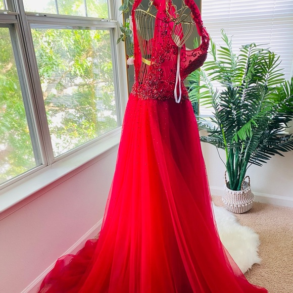 Red V neck ,over skirt gown, occasions long dress - Picture 5 of 5